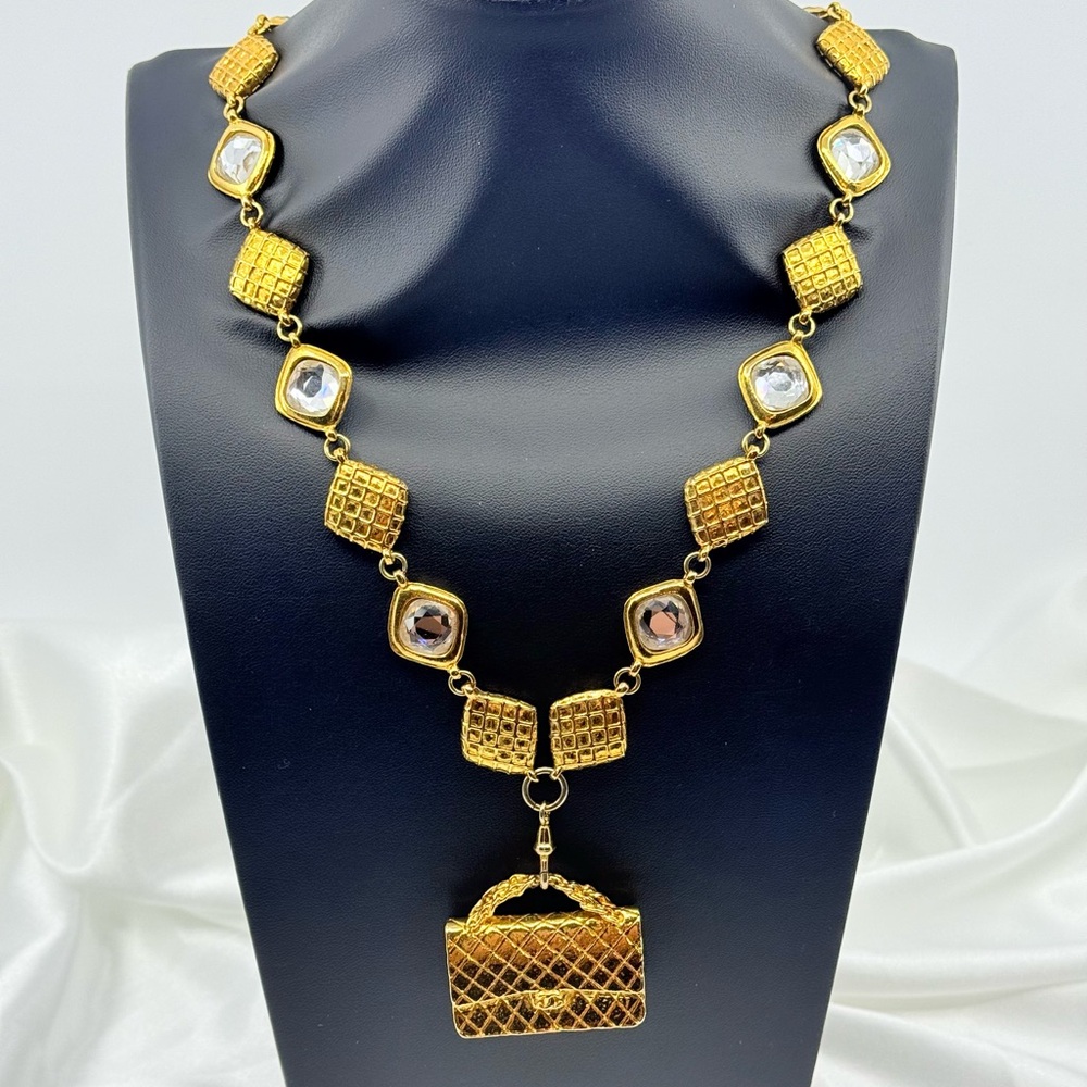 Vintage CHANEL Gold CC Bag Necklace with Crystal Accents